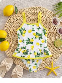 SHEIN Baby Girl Lemon Print Ruffle Strap One-Piece Swimsuit, Suitable For Beach Vacation, Pool Party, Beach Party - Pink - View 1