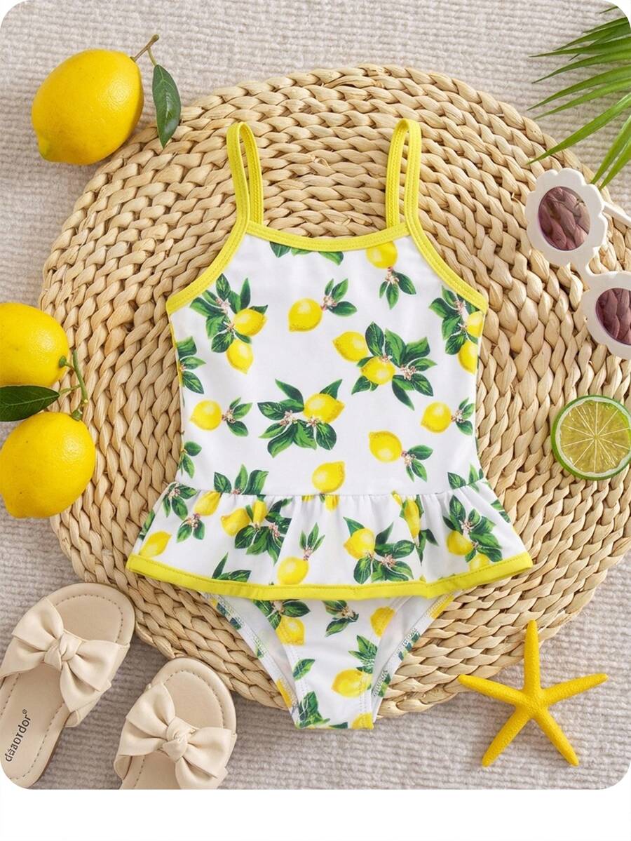 SHEIN Baby Girl Lemon Print Ruffle Strap One-Piece Swimsuit, Suitable For Beach Vacation, Pool Party, Beach Party - Pink - View 1