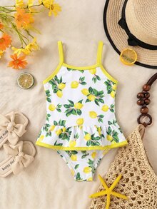 SHEIN Baby Girl Lemon Print Ruffle Strap One-Piece Swimsuit, Suitable For Beach Vacation, Pool Party, Beach Party - Pink - View 5