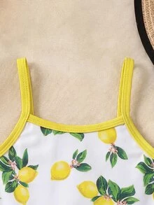 SHEIN Baby Girl Lemon Print Ruffle Strap One-Piece Swimsuit, Suitable For Beach Vacation, Pool Party, Beach Party - Pink - View 2