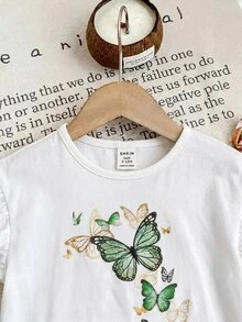 SHEIN LMoss Kids 女嬰針織蝴蝶圖案圓領休閒背心上衣與梭織素色長褲2件組 - 彩色 - 查看 5