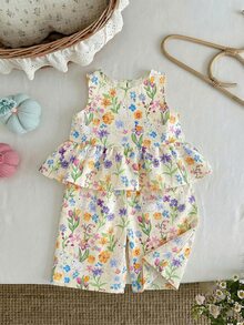 SHEIN LMoss Kids 2件套女婴碎花编织休闲背心和裤子套装 - 彩色 - 查看 4