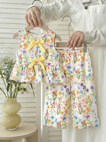 SHEIN LMoss Kids 2件套女婴碎花编织休闲背心和裤子套装 - 彩色 - 查看 7