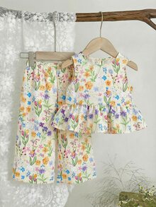 SHEIN LMoss Kids 2件套女婴碎花编织休闲背心和裤子套装 - 彩色 - 查看 6
