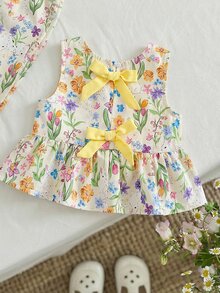 SHEIN LMoss Kids 2件套女婴碎花编织休闲背心和裤子套装 - 彩色 - 查看 3