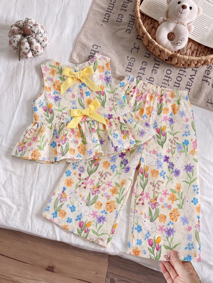 SHEIN LMoss Kids 2件套女婴碎花编织休闲背心和裤子套装 - 彩色 - 查看 1