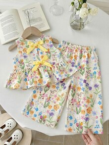 SHEIN LMoss Kids 2件套女婴碎花编织休闲背心和裤子套装 - 彩色 - 查看 2