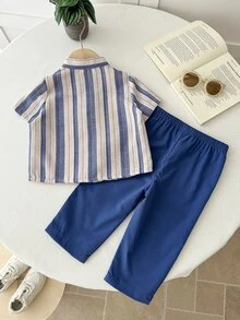SHEIN LMoss Kids 男宝宝条纹单排扣短袖上衣搭配松紧腰裤休闲日常装 - 彩色 - 查看 3