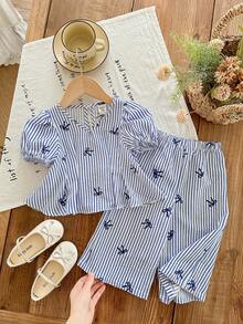 SHEIN LMoss Kids Babygirl Cute Summer Bow Striped Blue & White Short Sleeve Top And Elastic Waist Pants Set - Blue and White - View 2