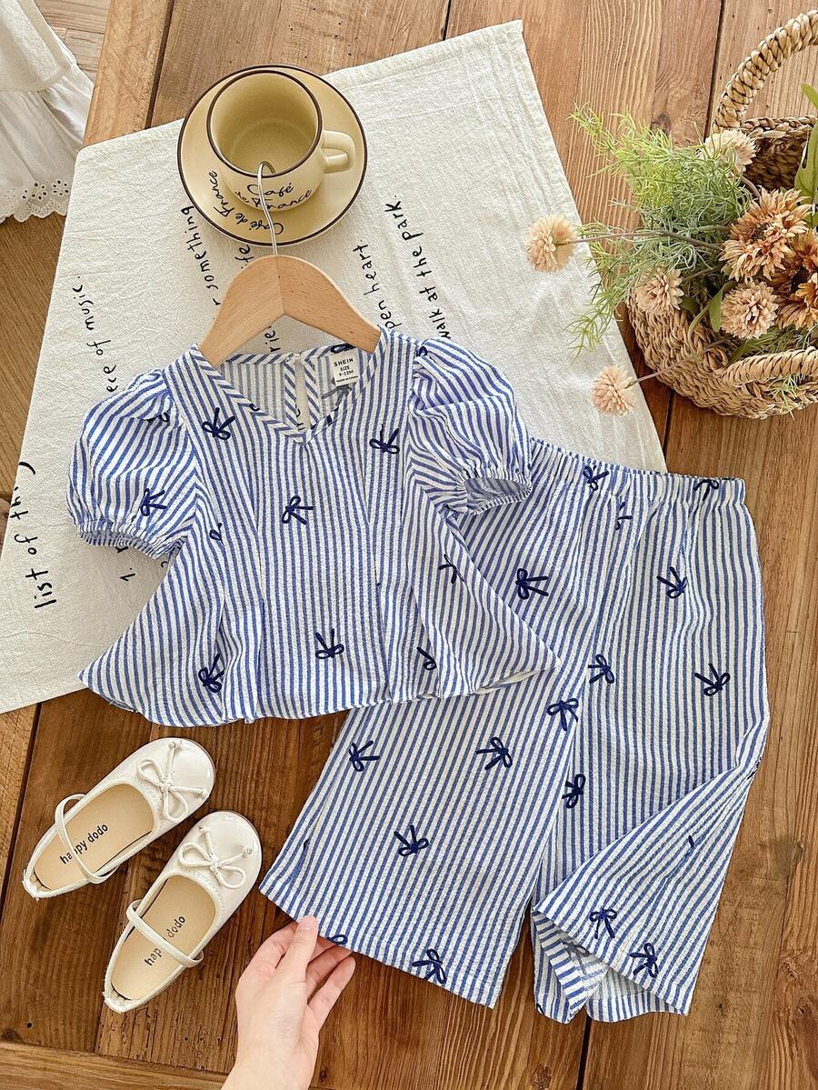 SHEIN LMoss Kids Babygirl Cute Summer Bow Striped Blue & White Short Sleeve Top And Elastic Waist Pants Set - Blue and White - View 1