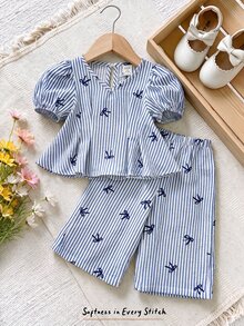 SHEIN LMoss Kids Babygirl Cute Summer Bow Striped Blue & White Short Sleeve Top And Elastic Waist Pants Set - Blue and White - View 1