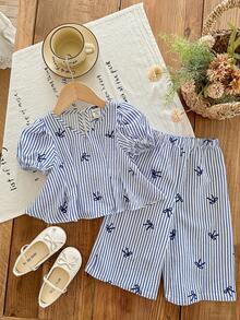 SHEIN LMoss Kids Babygirl Cute Summer Bow Striped Blue & White Short Sleeve Top And Elastic Waist Pants Set - Blue and White - View 5