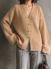 Linhara CURVE New Chinese Style Frog Button V-Neck Cape Knit Cover Up Women's Vertical Ribbed Loose Shawl-Style Cover-Up Top Autumn/Winter Outerwear - Camel - View 1
