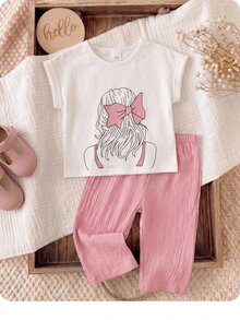 SHEIN LMoss Kids Babygirl Summer Cute Girl Pattern Short Sleeve T-Shirt & Elastic Waist Blue Pants 2-Piece Set - Pink - View 3