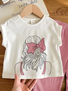 SHEIN LMoss Kids Babygirl Summer Cute Girl Pattern Short Sleeve T-Shirt & Elastic Waist Blue Pants 2-Piece Set - Pink - View 4