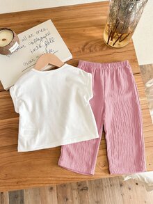 SHEIN LMoss Kids Babygirl Summer Cute Girl Pattern Short Sleeve T-Shirt & Elastic Waist Blue Pants 2-Piece Set - Pink - View 2