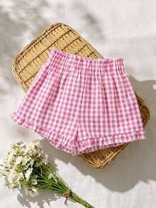 SHEIN LMoss Kids LMoss Young Girl 少女宽松休闲格纹梭织短裤 - 粉色 - 查看 1