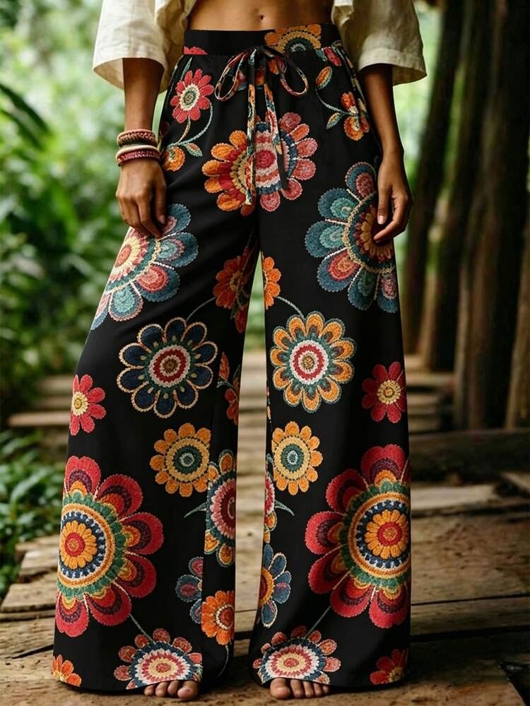 EMERY ROSE Pantalones de pierna ancha con estampado floral estilo casual de vacaciones para mujer talla grande - Multicolor - Añade 3