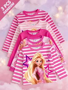 SHEIN 少女隨機3件組甜美公主風淺粉色舒適柔軟修身圓領長袖T恤 - 粉色 - 查看 3