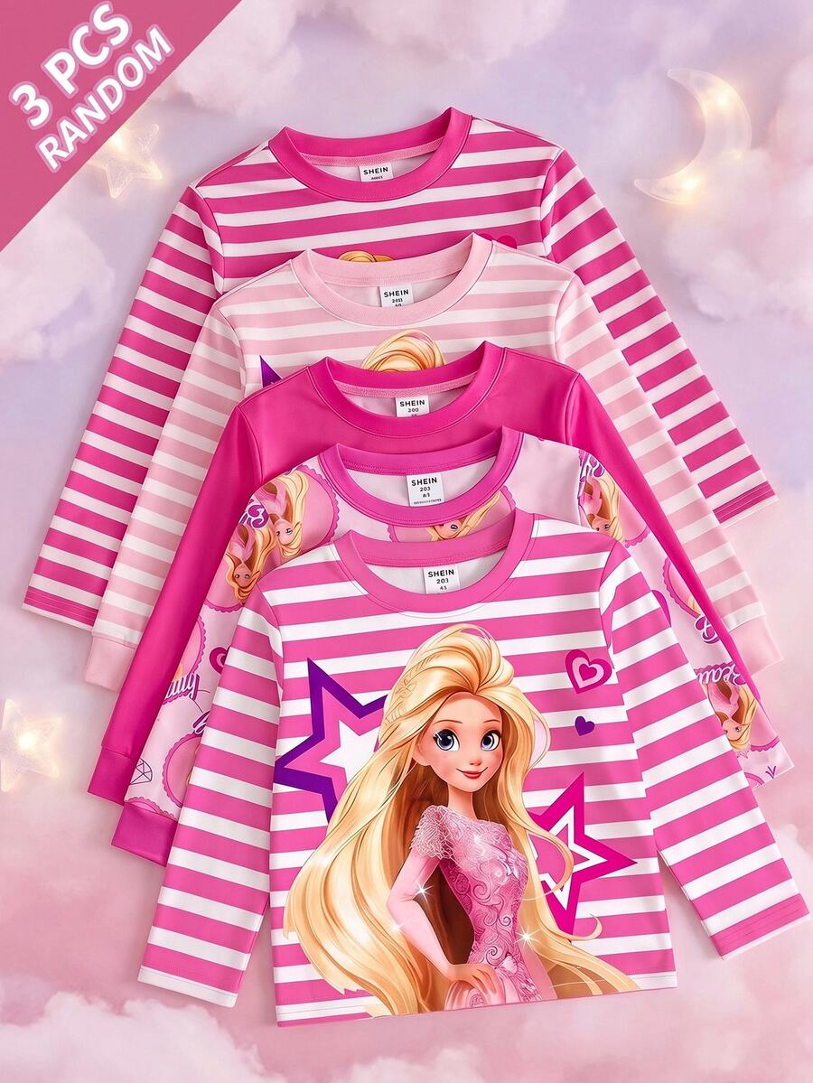 SHEIN Young Girl Random 3PCS Young Girls T-Shirts Girls Sweet Princess Style Light Pink Comfortable Soft Fitted Round Neck Long Sleeve T-Shirts