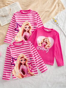 SHEIN 少女隨機3件組甜美公主風淺粉色舒適柔軟修身圓領長袖T恤 - 粉色 - 查看 8