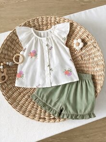 SHEIN LMoss Kids 新生女婴夏季可爱百搭花卉刺绣图案短袖上衣和绿色短裤套装 - 彩色 - 查看 1