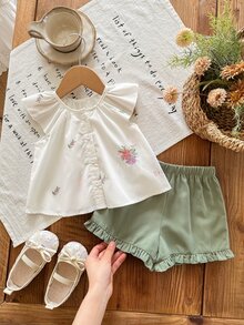SHEIN LMoss Kids 新生女婴夏季可爱百搭花卉刺绣图案短袖上衣和绿色短裤套装 - 彩色 - 查看 2