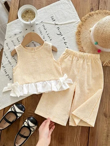 SHEIN LMoss Kids Babygirl Summer Cute Red & White Plaid Ruffle Sleeveless Top And Elastic Waist Loose Pants Set - Multicolor - View 2