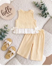 SHEIN LMoss Kids Babygirl Summer Cute Red & White Plaid Ruffle Sleeveless Top And Elastic Waist Loose Pants Set - Multicolor - View 1