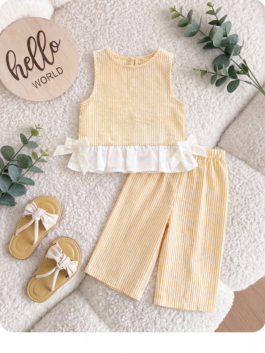 SHEIN LMoss Kids Babygirl Summer Cute Red & White Plaid Ruffle Sleeveless Top And Elastic Waist Loose Pants Set - Multicolor - View 1