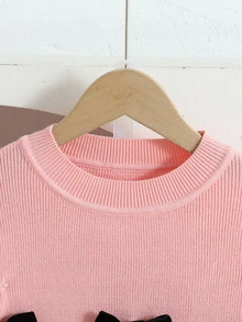 SHEIN 少女粉色套頭毛衣套裝，蝴蝶結裝飾，毛衣+裙子套裝，適合秋冬、節日派對、休閒穿著 - 粉色 - 查看 2