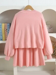 SHEIN 少女粉色套頭毛衣套裝，蝴蝶結裝飾，毛衣+裙子套裝，適合秋冬、節日派對、休閒穿著 - 粉色 - 查看 6