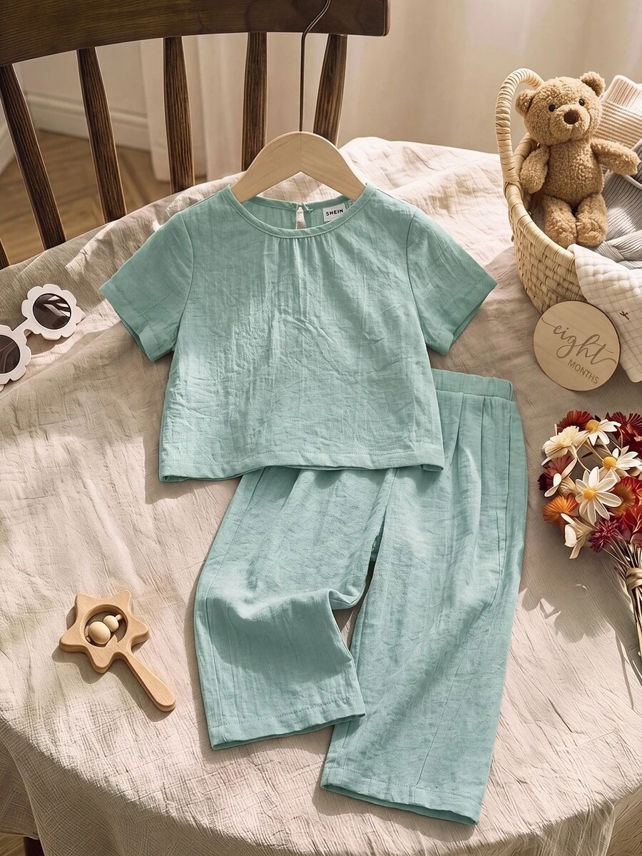 SHEIN LMoss Kids LMoss Baby Girl Baby Girl Casual Simple Solid Color Loose Short Sleeve Top With Elastic Waist Long Pants Set, Suitable For Summer - Green - View 1