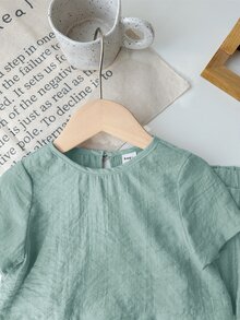 SHEIN LMoss Kids LMoss Baby Girl Baby Girl Casual Simple Solid Color Loose Short Sleeve Top With Elastic Waist Long Pants Set, Suitable For Summer - Green - View 3