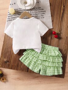 SHEIN LMoss Kids 女嬰休閒日常舒適針織素色圓領T恤與格紋休閒短褲2件套 - 薄荷綠 - 查看 2