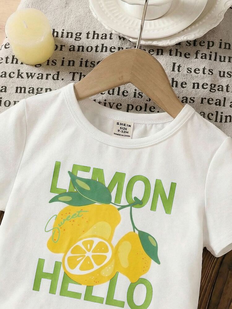 SHEIN LMoss Kids Baby Girl Casual Cute Daily Comfortable Knit Solid Color Crew Neck T-Shirt And Plaid Casual Shorts 2pcs Set Beach White Summer - Mint Green - View 5