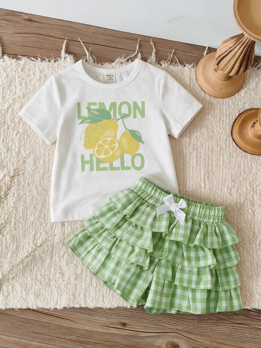 SHEIN LMoss Kids 女嬰休閒日常舒適針織素色圓領T恤與格紋休閒短褲2件套 - 薄荷綠 - 查看 1