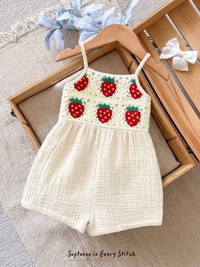 SHEIN LMoss Kids Baby Girl Woven Solid Color Strawberry Pattern Romper