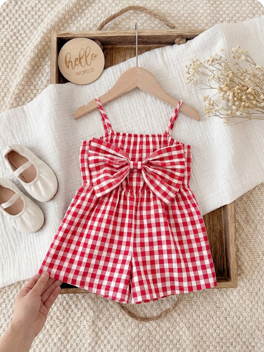 SHEIN LMoss Kids Babygirl Cute Casual Summer Red & White Plaid Bow Decor Romper