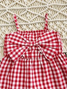 SHEIN LMoss Kids Babygirl Cute Casual Summer Red & White Plaid Bow Decor Romper - Red - View 7