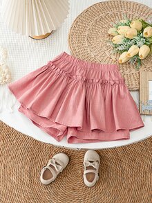 SHEIN LMoss Kids Young Girl Solid Color Loose Casual Skirt For Spring And Summer - Coral Pink - View 2