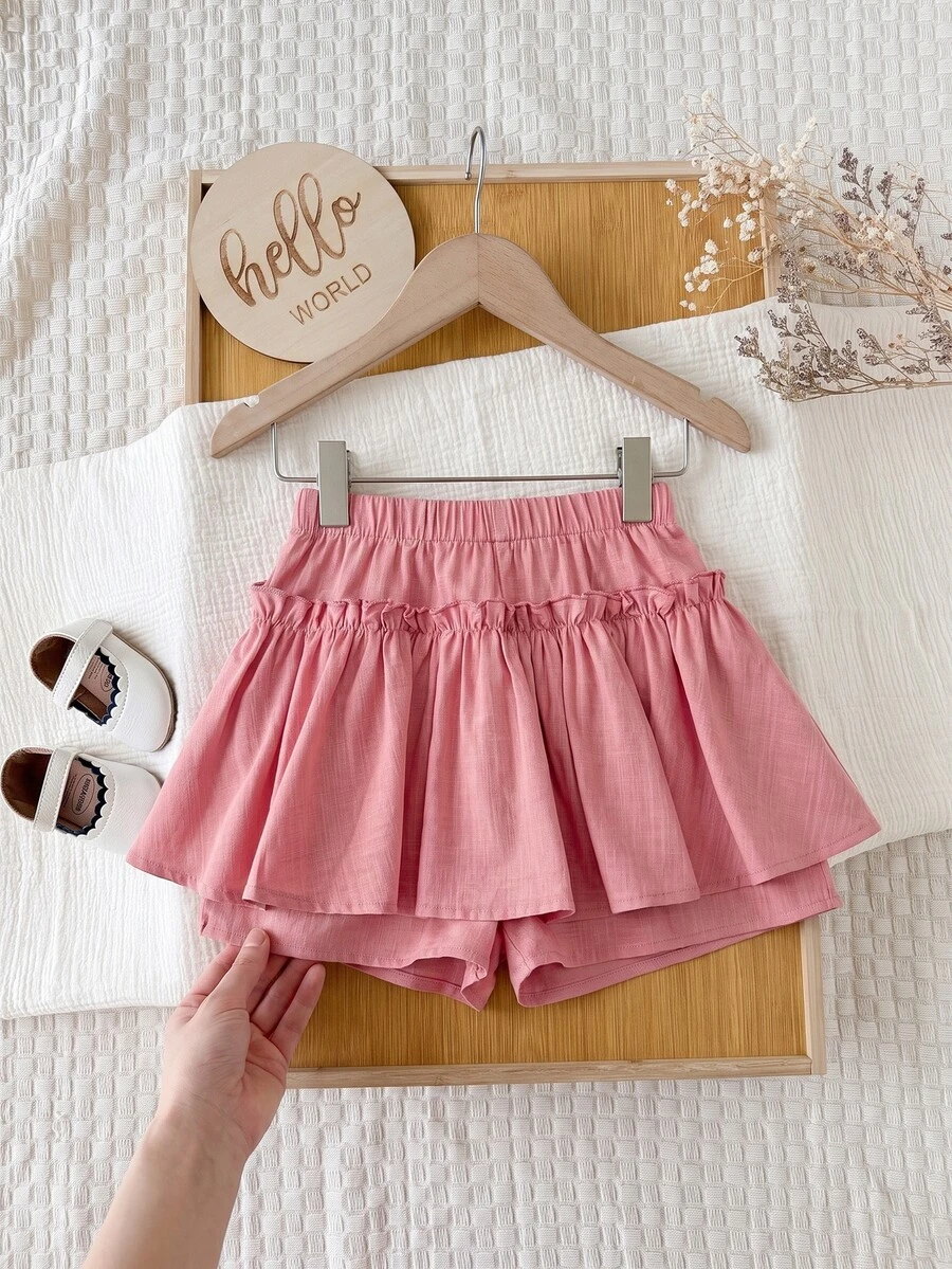 SHEIN LMoss Kids Young Girl Solid Color Loose Casual Skirt For Spring And Summer - Coral Pink - View 1