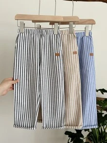 SHEIN LMoss Kids 3件組/套 小男孩度假風條紋口袋直筒長褲套裝 - 彩色 - 查看 5
