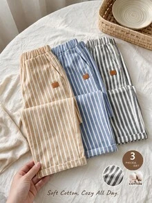 SHEIN LMoss Kids 3件組/套 小男孩度假風條紋口袋直筒長褲套裝 - 彩色 - 查看 1