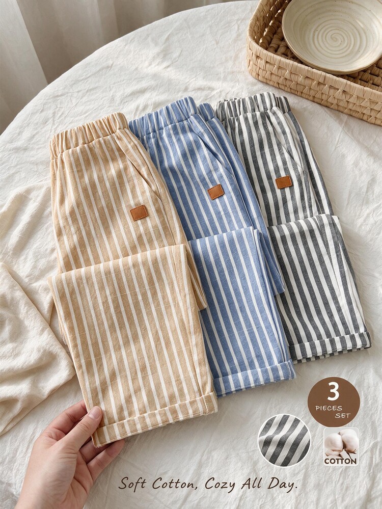 SHEIN LMoss Kids 3pcs/Set Young Boy Vacation Style Striped Pocket Straight Leg Pants Set - Multicolor - View 1