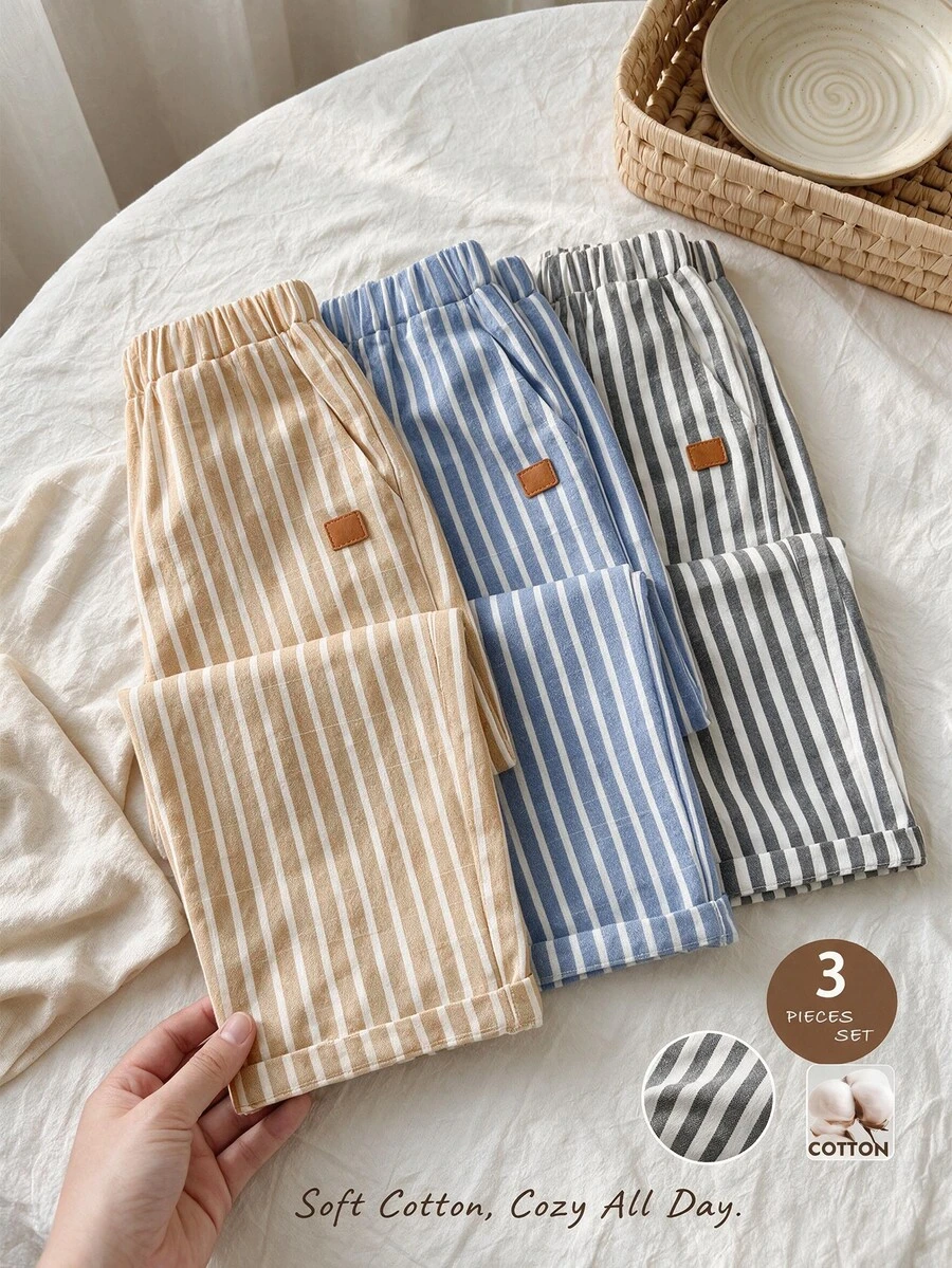 SHEIN LMoss Kids 3件組/套 小男孩度假風條紋口袋直筒長褲套裝 - 彩色 - 查看 1