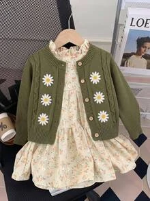 SHEIN LMoss Kids 女嬰針織花卉圖案圓領休閒開襟毛衣，適合秋冬穿著，適合聖誕節，長袖開襟衫 - 綠色 - 查看 2