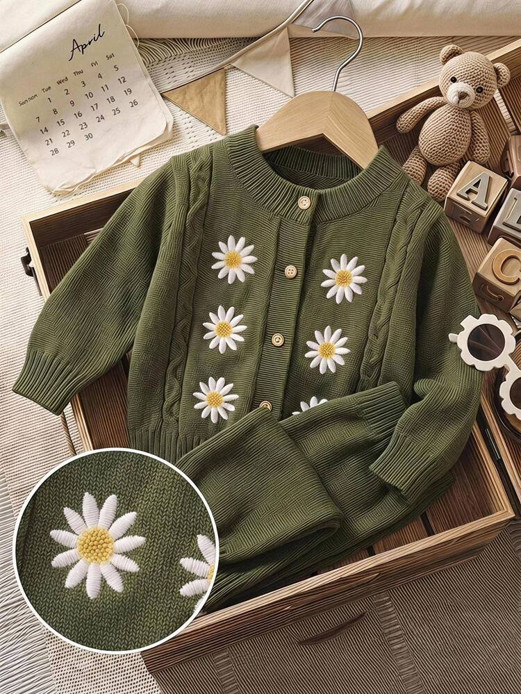 SHEIN LMoss Kids Baby Girl Knitted Floral Pattern Round Neck Casual Cardigan Sweater,Suitable For Autumn And Winter, Suitable For Christmas,Long Sleeve Cardigan - Green - View 6