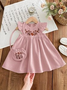 SHEIN LMoss Kids LMoss 女婴编织刺绣圆领荷叶边下摆连衣裙配斜挎包姐妹装适合春夏季 - 藕粉色 - 查看 3