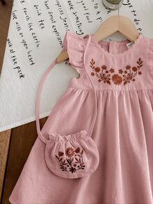SHEIN LMoss Kids LMoss 女婴编织刺绣圆领荷叶边下摆连衣裙配斜挎包姐妹装适合春夏季 - 藕粉色 - 查看 5